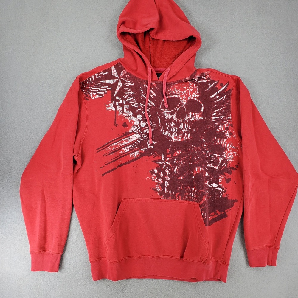 Hybrid Apparel Hoodie Men M Red Skull Graphic Y2K Grunge Streetwear Pullover